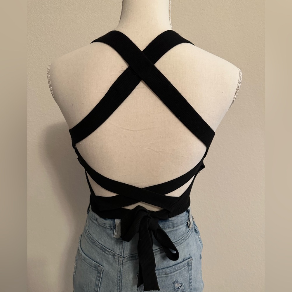 Black Ribbed Crop Top with Cross Back and Tie Size Small